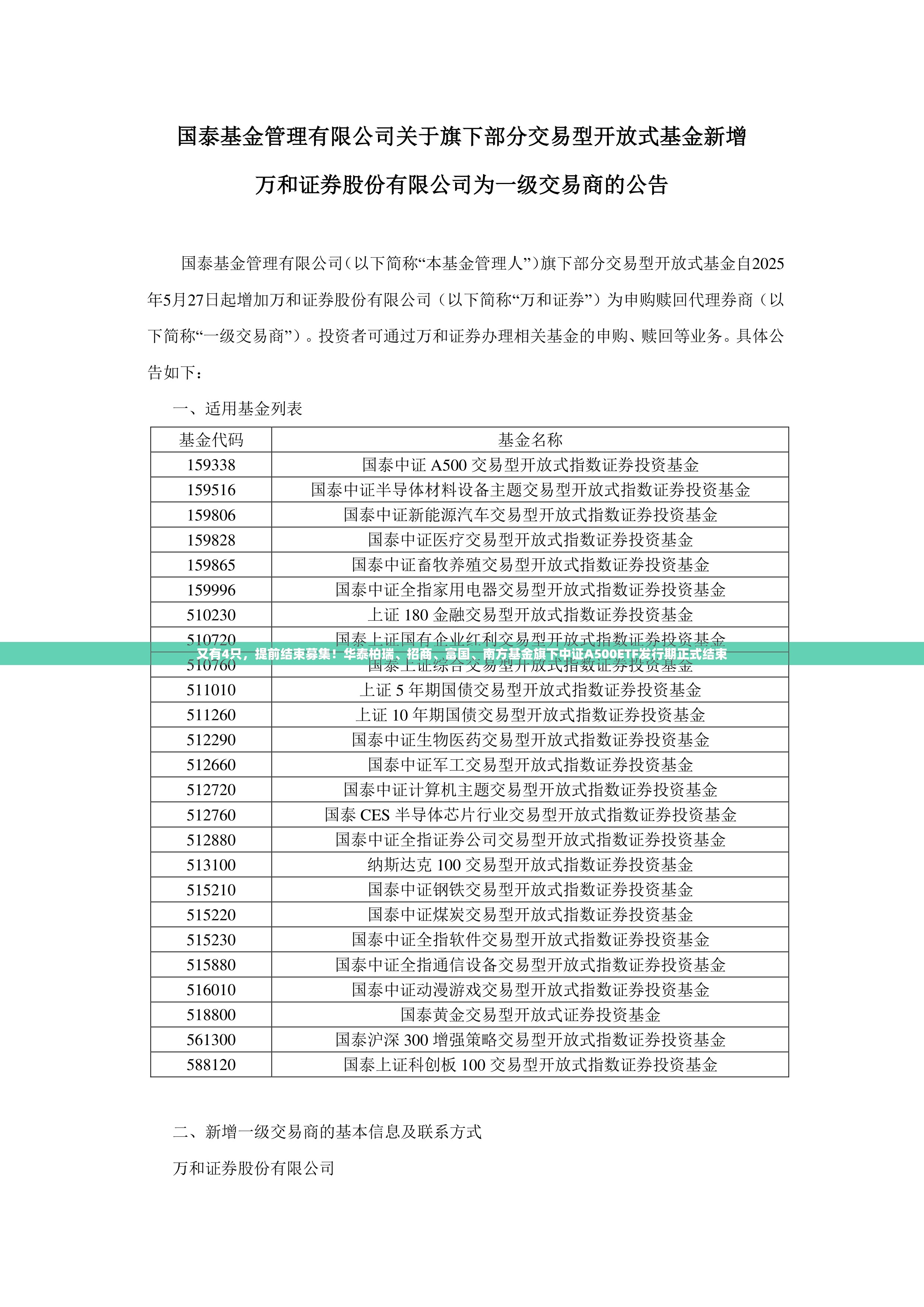 又有4只，提前结束募集！华泰柏瑞、招商、富国、南方基金旗下中证A500ETF发行期正式结束