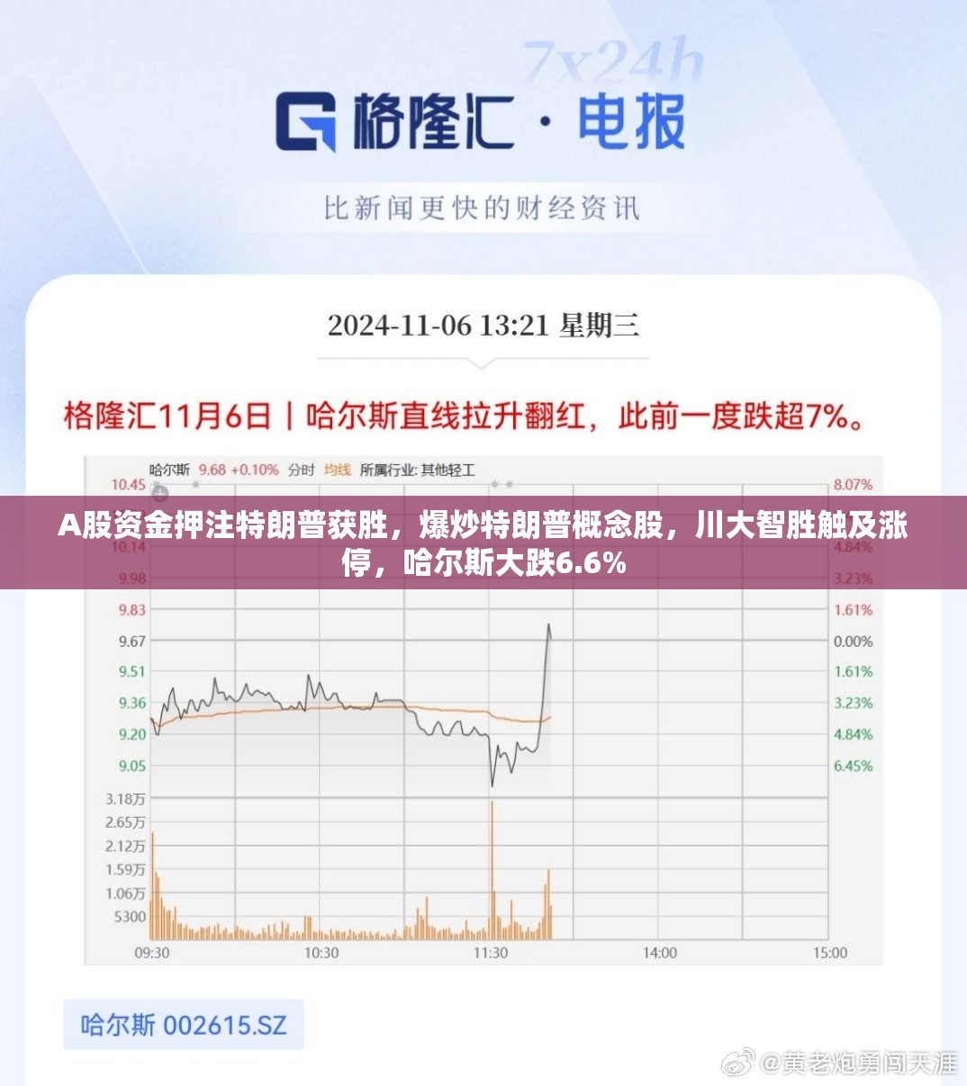 A股资金押注特朗普获胜，爆炒特朗普概念股，川大智胜触及涨停，哈尔斯大跌6.6%