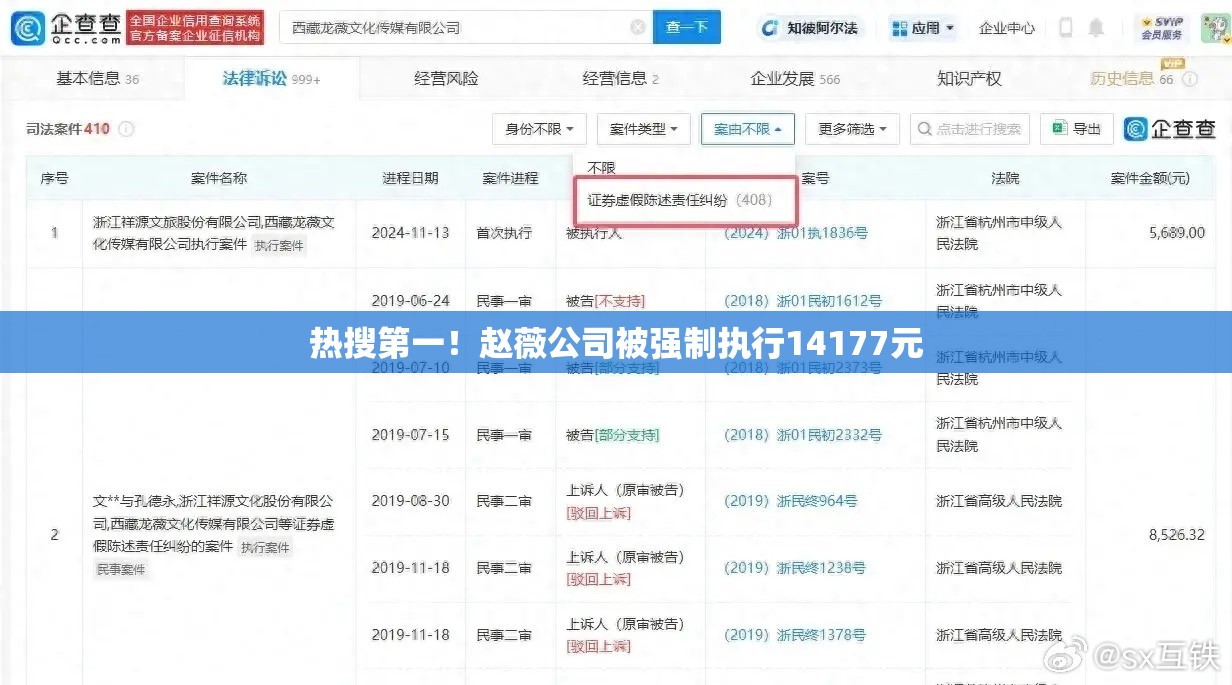 热搜第一！赵薇公司被强制执行14177元