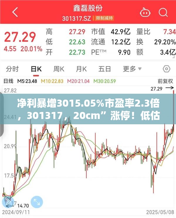 净利暴增3015.05%市盈率2.3倍，301317，20cm”涨停！低估值高成长优质科技股揭秘