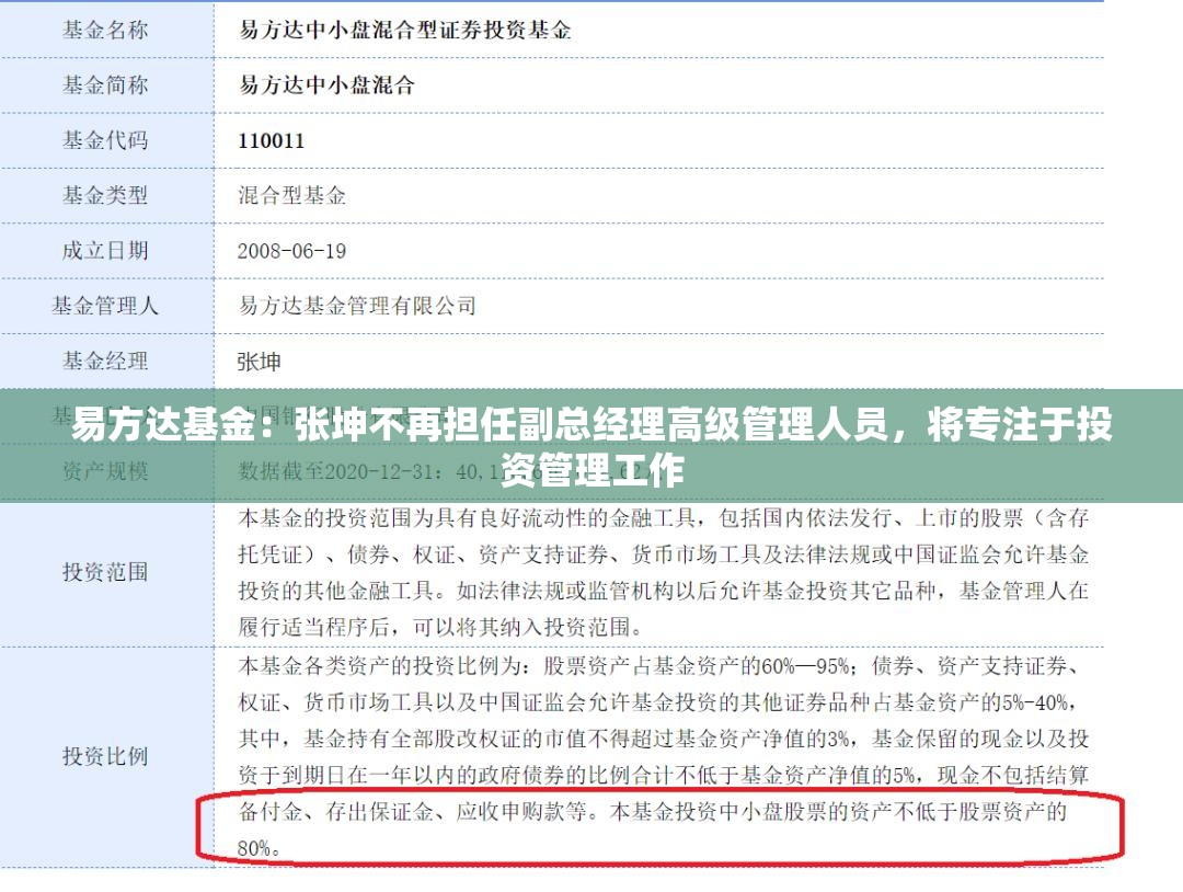 易方达基金：张坤不再担任副总经理高级管理人员，将专注于投资管理工作