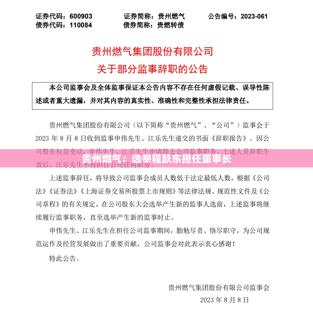 贵州燃气：选举程跃东担任董事长